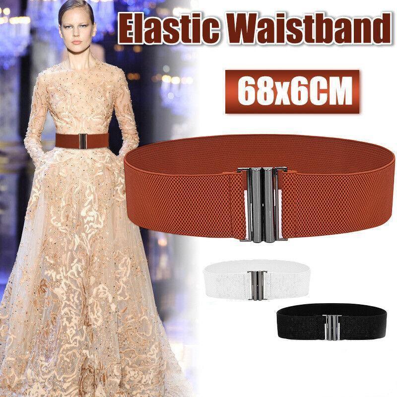 Women Elastic Waist Belt Stretch Cinch Wide Band with Metal Buckle for Dress 3Colours - White