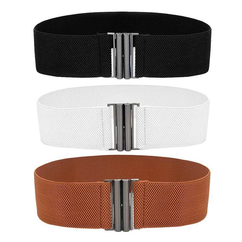 Women Elastic Waist Belt Stretch Cinch Wide Band with Metal Buckle for Dress 3Colours - White