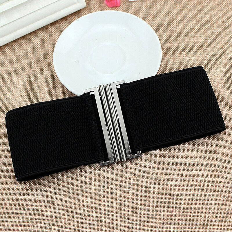 Women Elastic Waist Belt Stretch Cinch Wide Band with Metal Buckle for Dress 3Colours - White