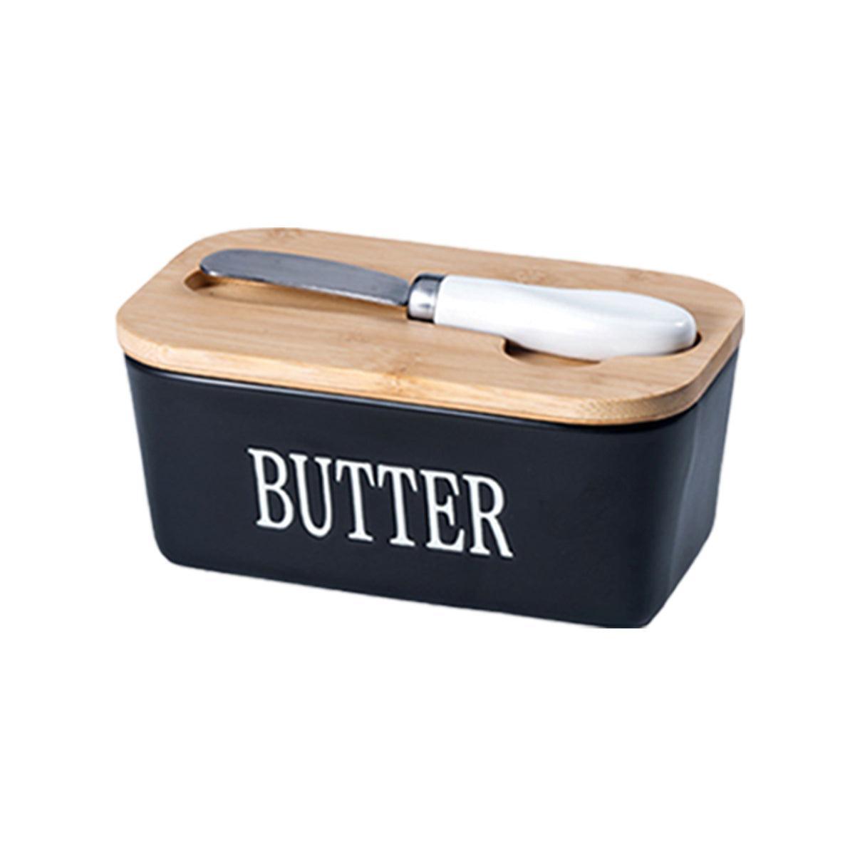 Butter Box with Knife Rectangular Cheese Container with Wooden Lid for Kitchen - Green