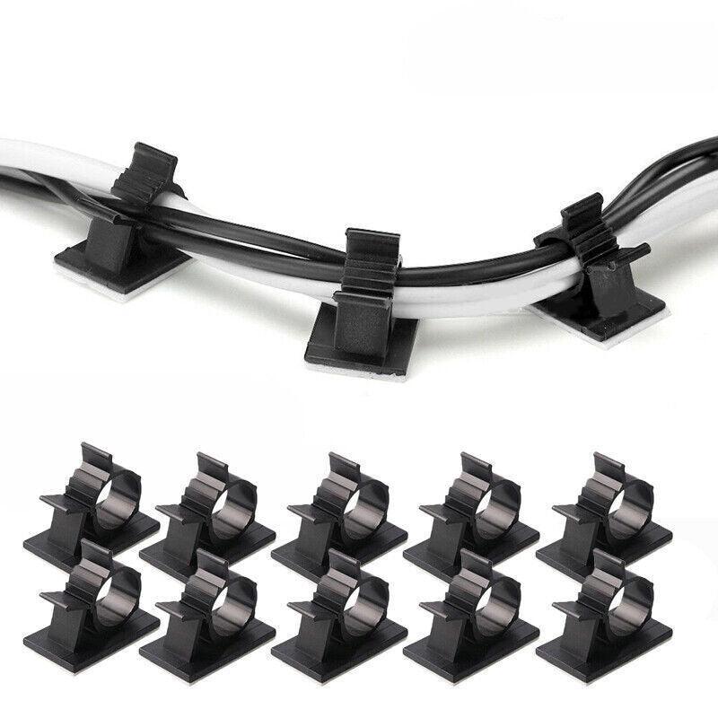Adhesive Cord Management Cable Clips Black Wire Holder Organizer Clamp - 10PCS