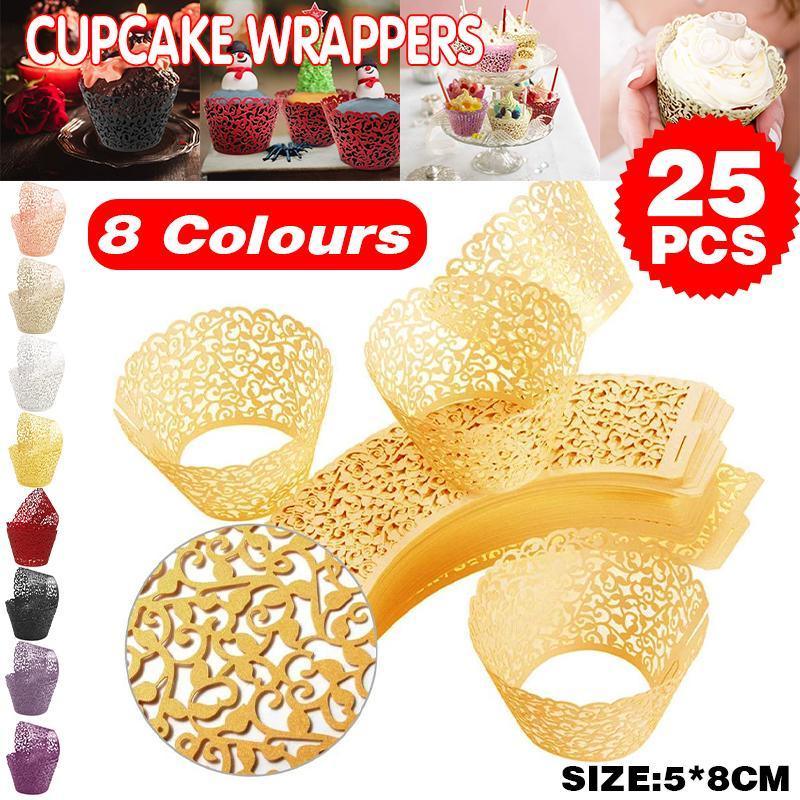 25pcs Laser Cut Cupcake Wrappers Wedding Party Baking Decorations in 8 Colours - Yellow