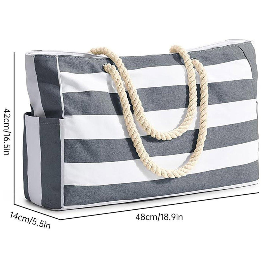 Large Bohemian Striped Canvas Beach Bag Zipper Tote for Travel Outdoor Vacation - Black