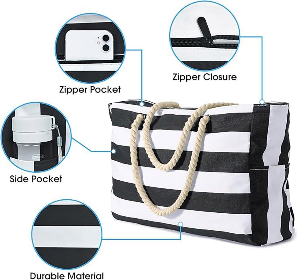Large Bohemian Striped Canvas Beach Bag Zipper Tote for Travel Outdoor Vacation - Black