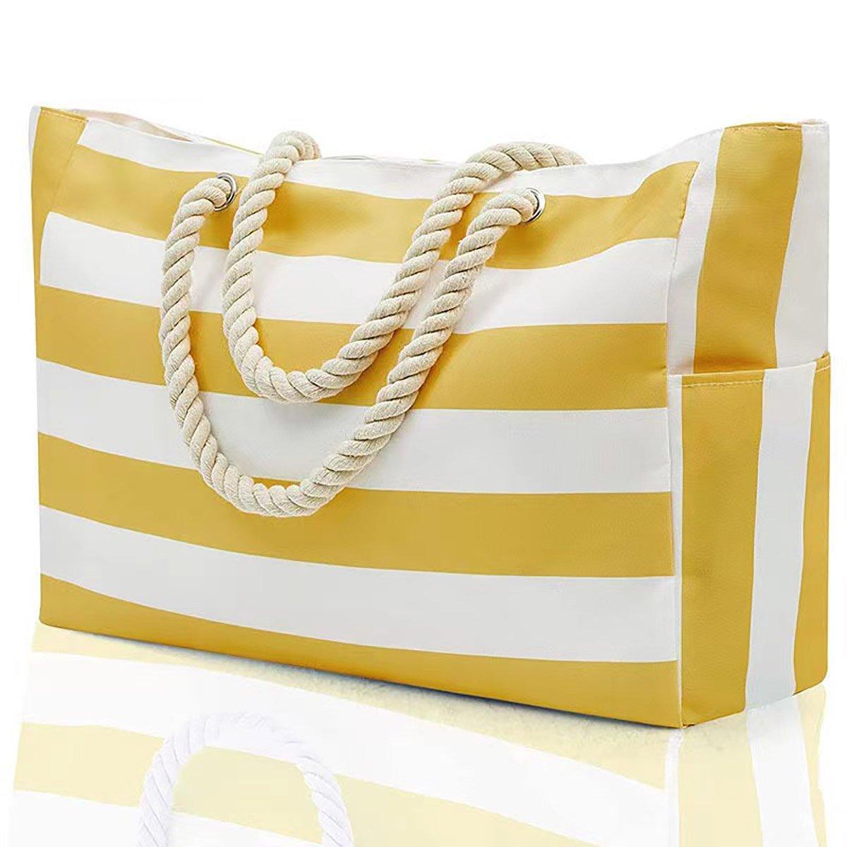 Large Bohemian Striped Canvas Beach Bag Zipper Tote for Travel Outdoor Vacation - Black