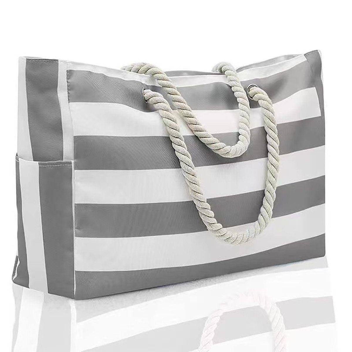 Large Bohemian Striped Canvas Beach Bag Zipper Tote for Travel Outdoor Vacation - Black