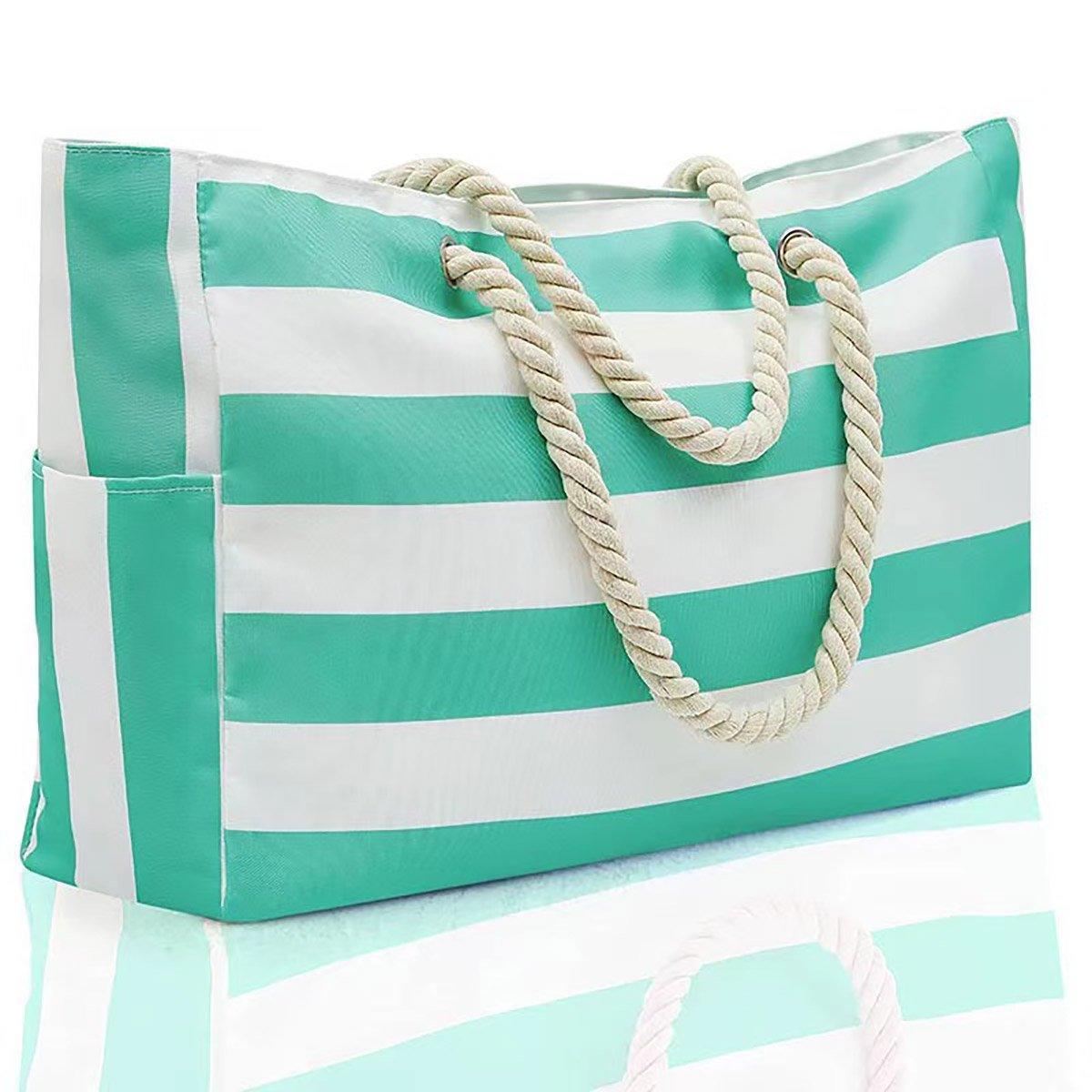 Large Bohemian Striped Canvas Beach Bag Zipper Tote for Travel Outdoor Vacation - Black