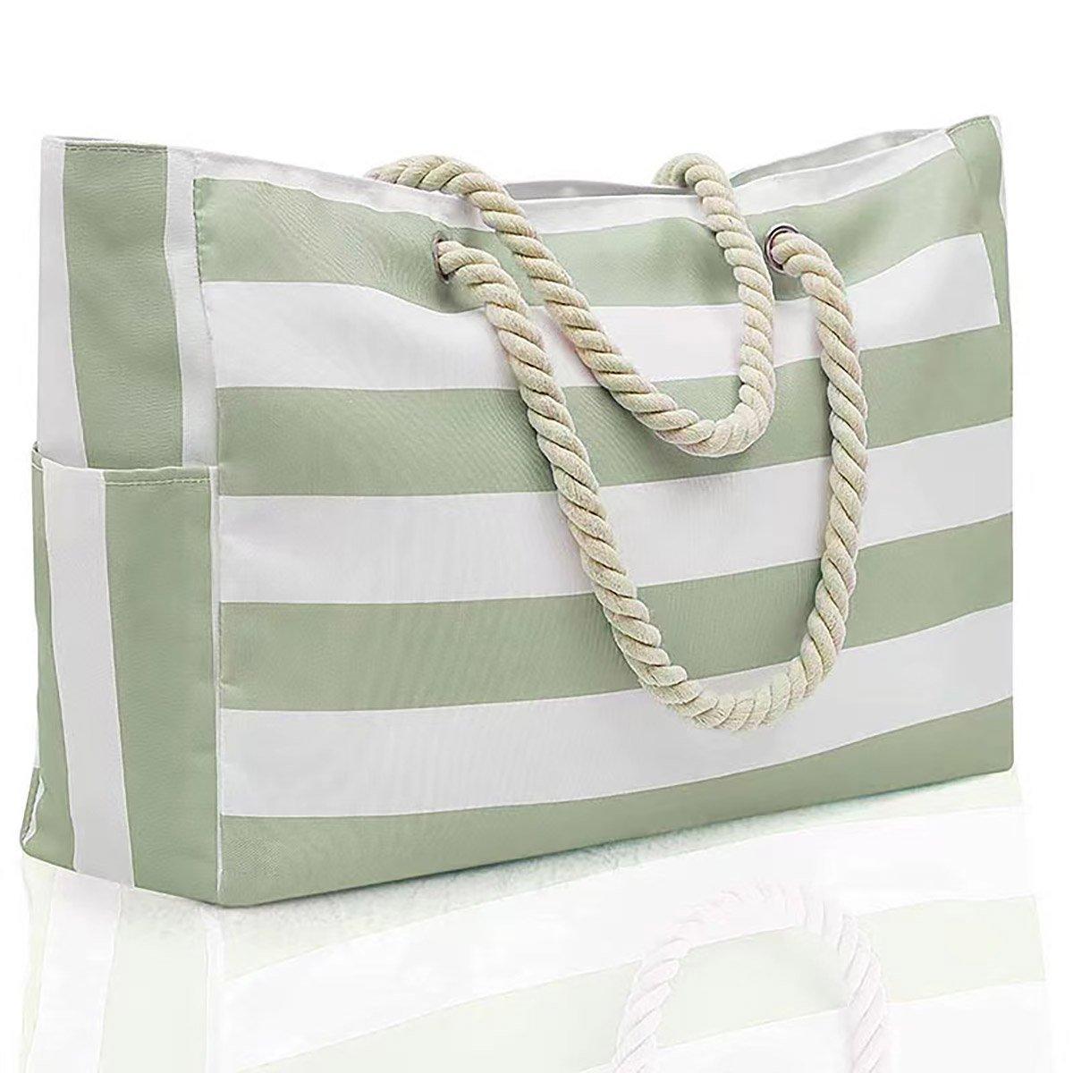 Large Bohemian Striped Canvas Beach Bag Zipper Tote for Travel Outdoor Vacation - Black