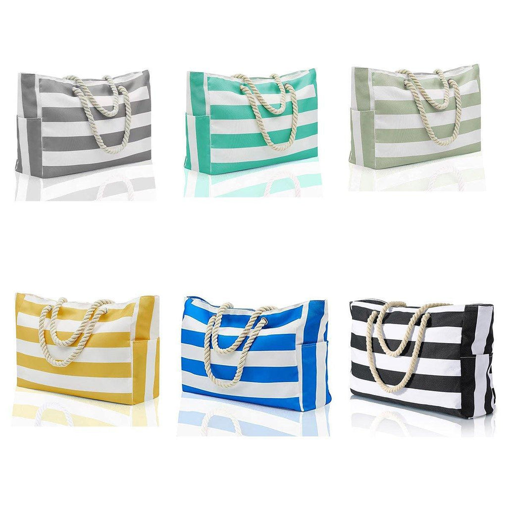 Large Bohemian Striped Canvas Beach Bag Zipper Tote for Travel Outdoor Vacation - Blue