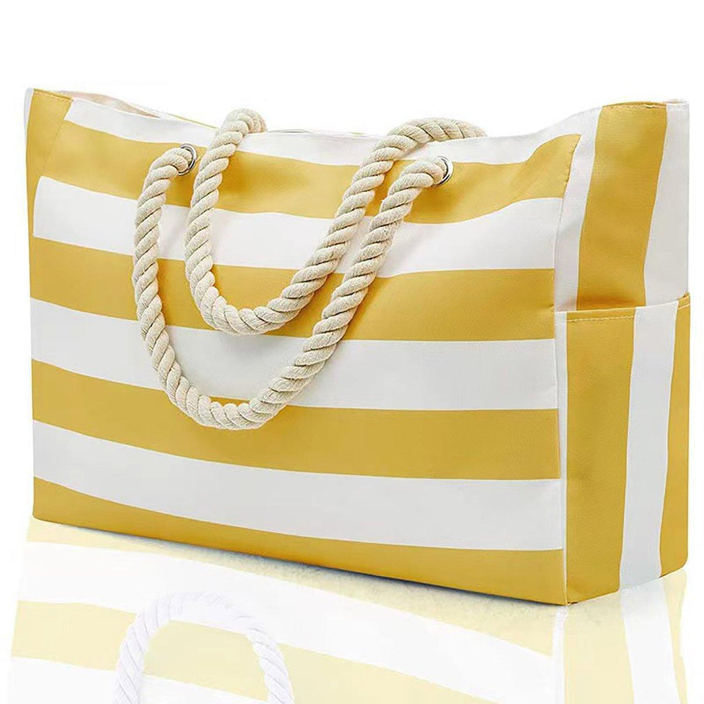 Large Bohemian Striped Canvas Beach Bag Zipper Tote for Travel Outdoor Vacation - Yellow