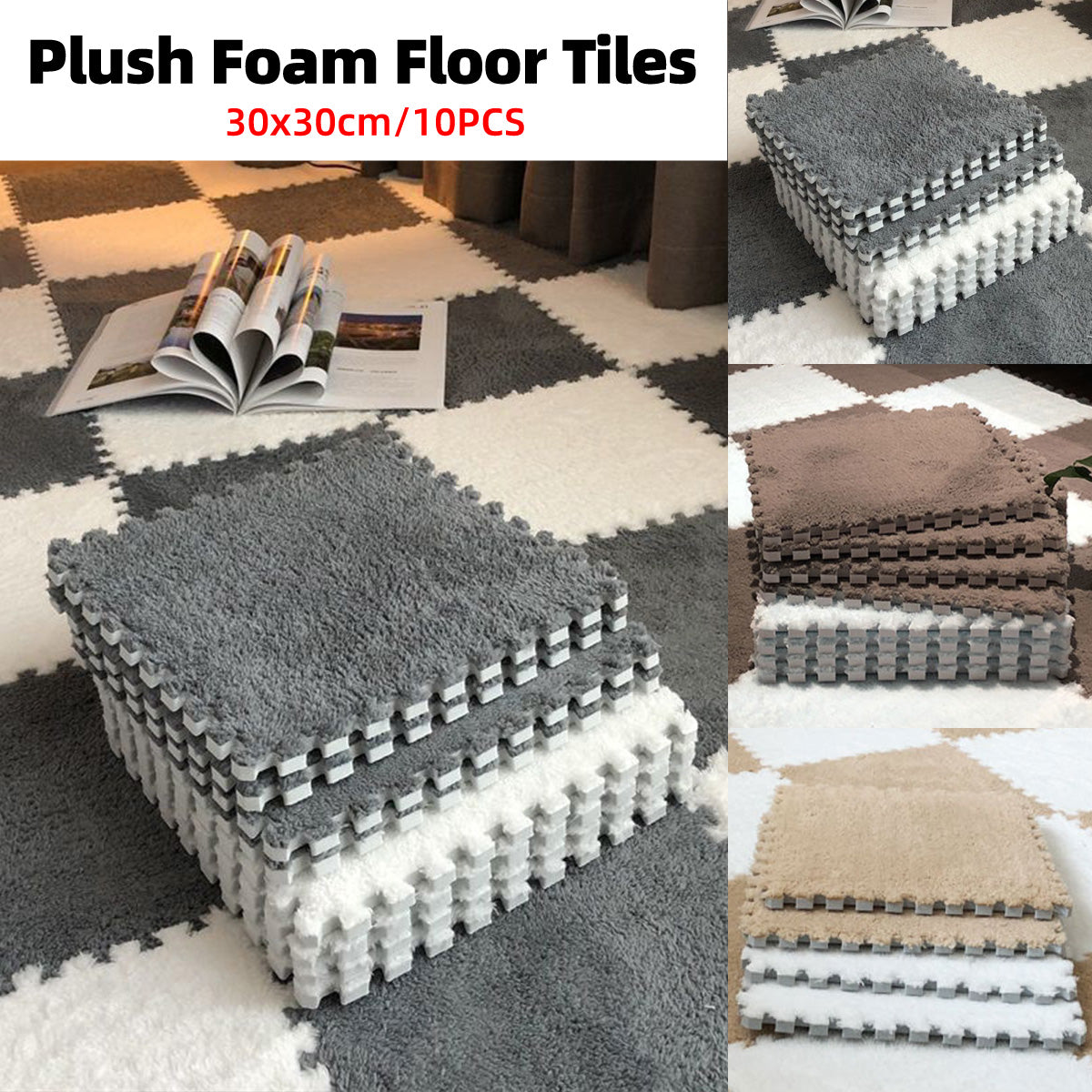 Foam Floor Mats Set 10PCS Shaggy Interlocking Tiles Soft for Kids Room Play Area - Grey-White