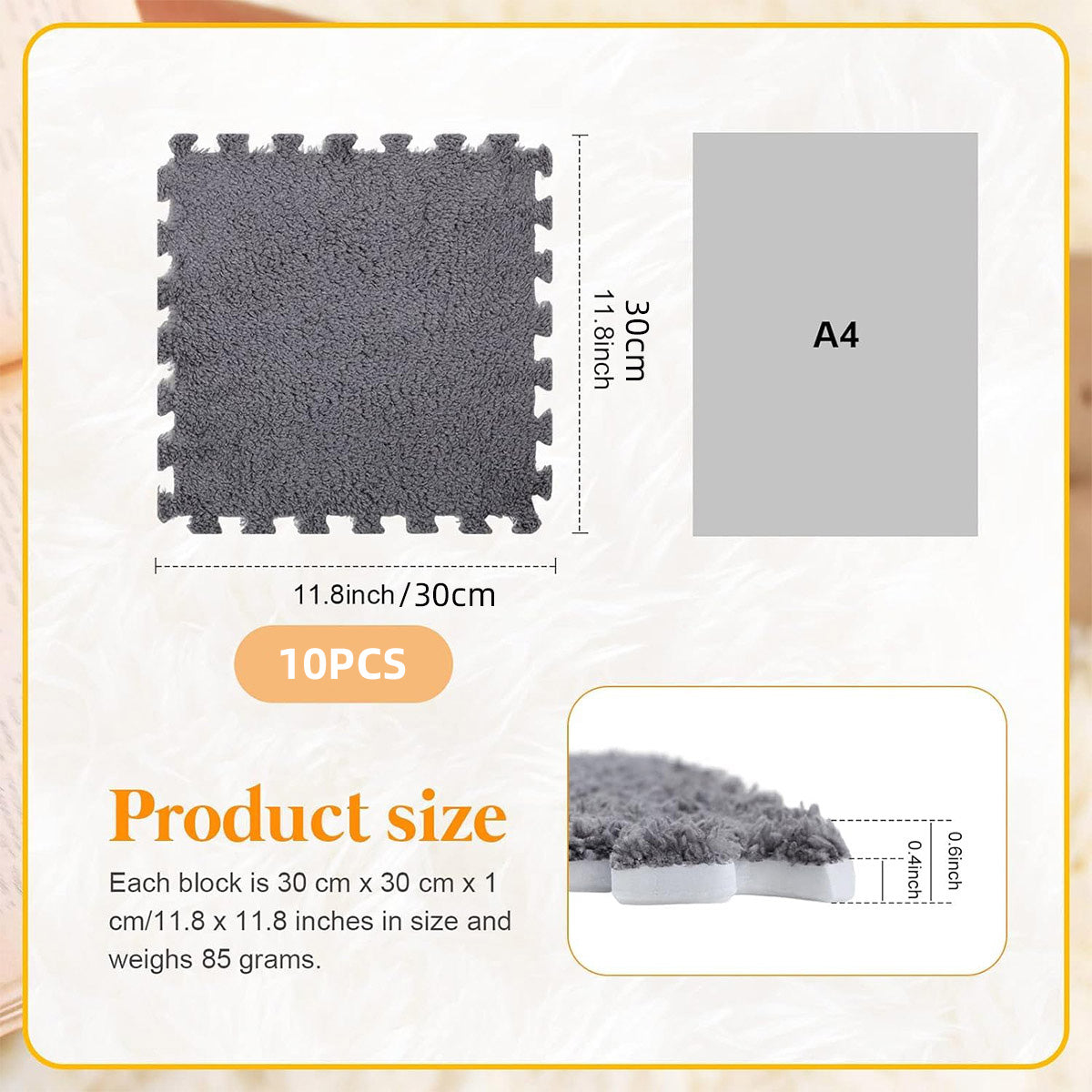 Foam Floor Mats Set 10PCS Shaggy Interlocking Tiles Soft for Kids Room Play Area - Grey-White