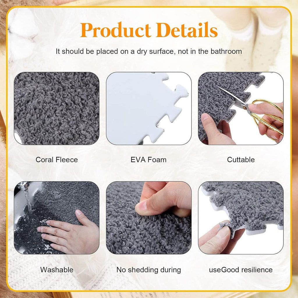 Foam Floor Mats Set 10PCS Shaggy Interlocking Tiles Soft for Kids Room Play Area - Grey-White