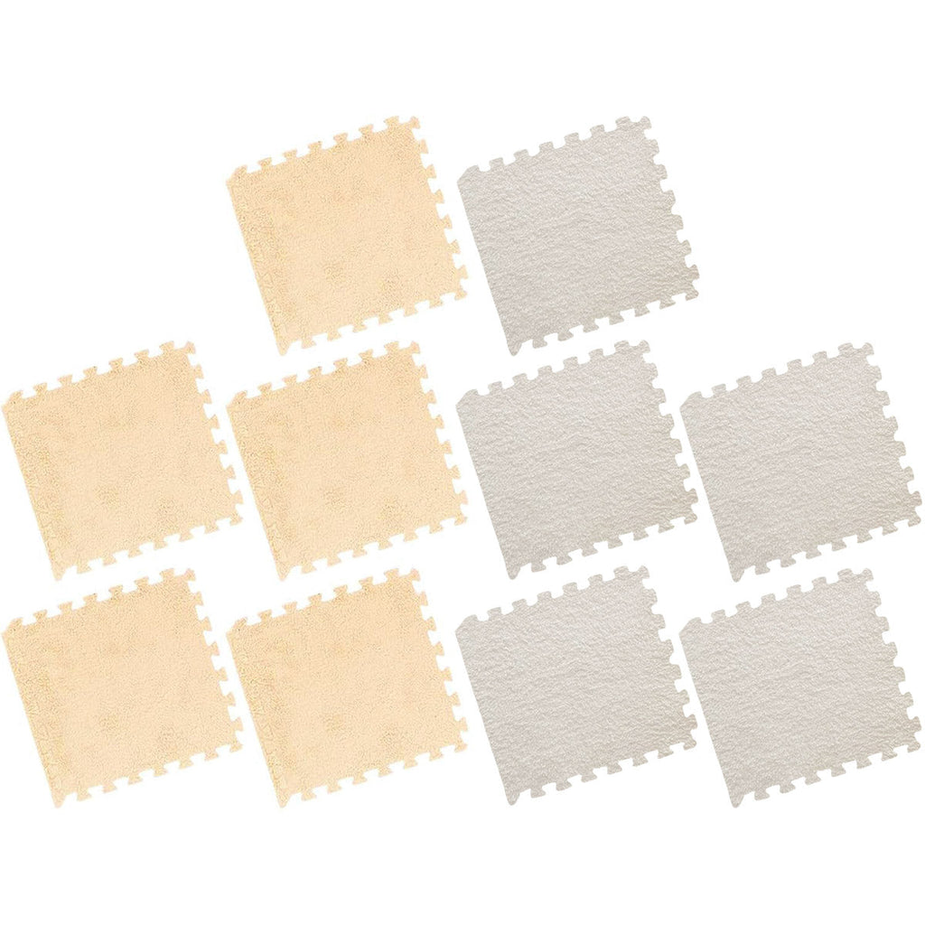 Foam Floor Mats Set 10PCS Shaggy Interlocking Tiles Soft for Kids Room Play Area - Camel-White