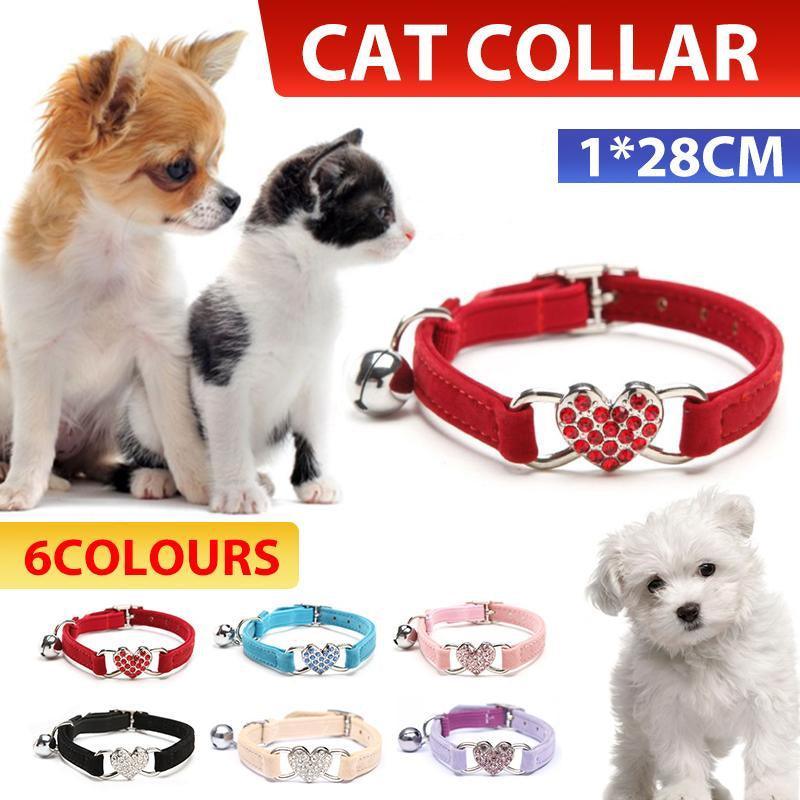 Suede Cat Collar with Adjustable Elastic Bell and Heart Charm for Kittens - Pink