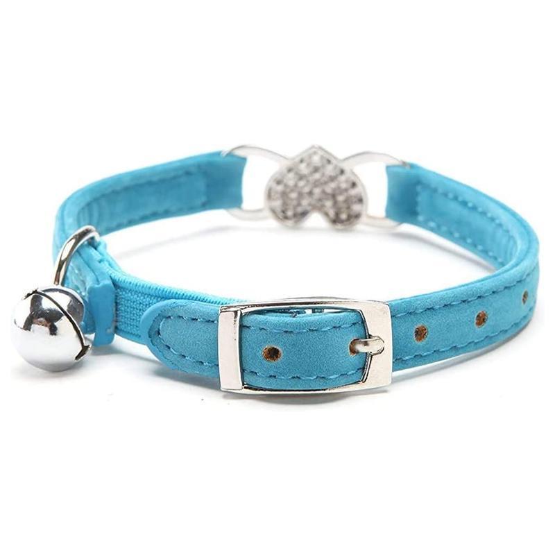 Suede Cat Collar with Adjustable Elastic Bell and Heart Charm for Kittens - Pink