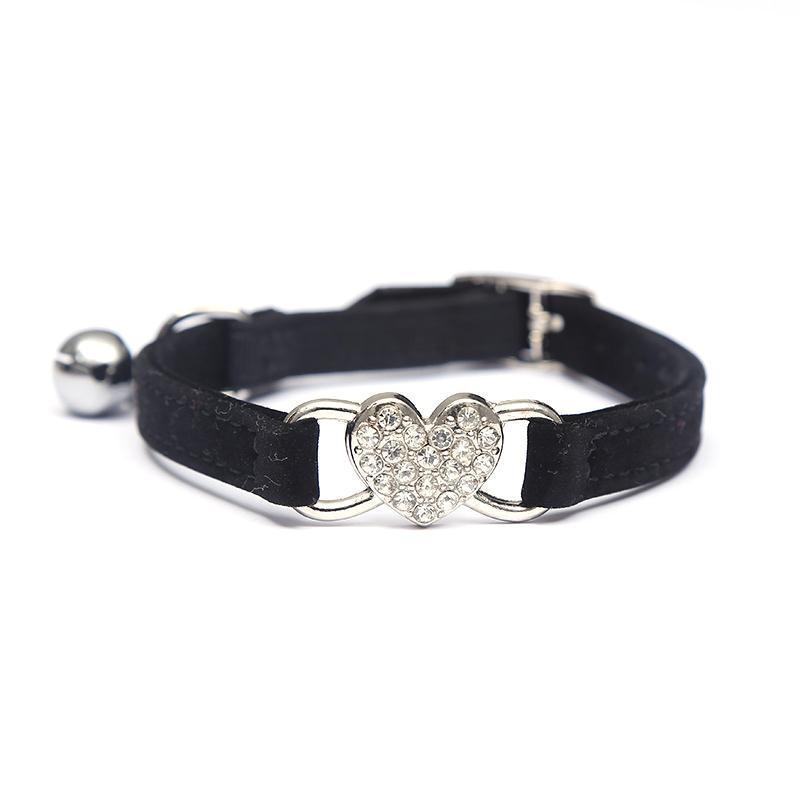 Suede Cat Collar with Adjustable Elastic Bell and Heart Charm for Kittens - Pink