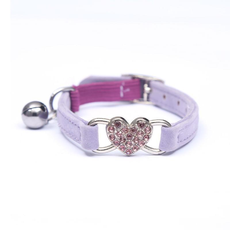 Suede Cat Collar with Adjustable Elastic Bell and Heart Charm for Kittens - Pink