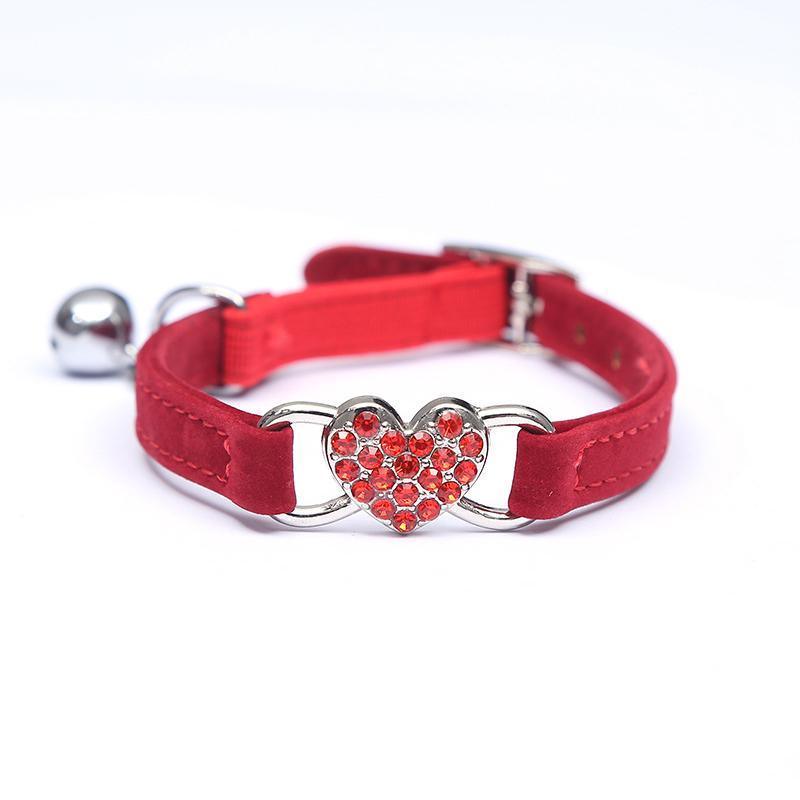 Suede Cat Collar with Adjustable Elastic Bell and Heart Charm for Kittens - red