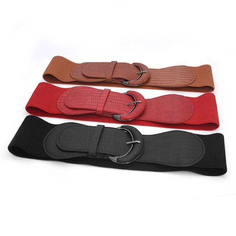 Faux Leather Cinch Waist Belt with Buckle for Women Stretch Wide Elastic Dress Belt - Black