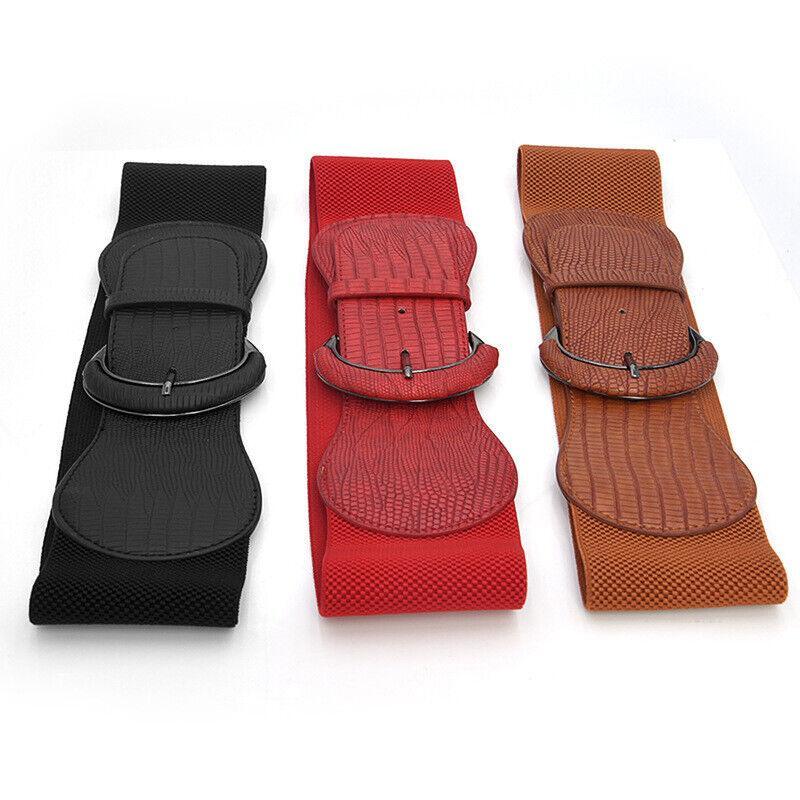 Faux Leather Cinch Waist Belt with Buckle for Women Stretch Wide Elastic Dress Belt - Black