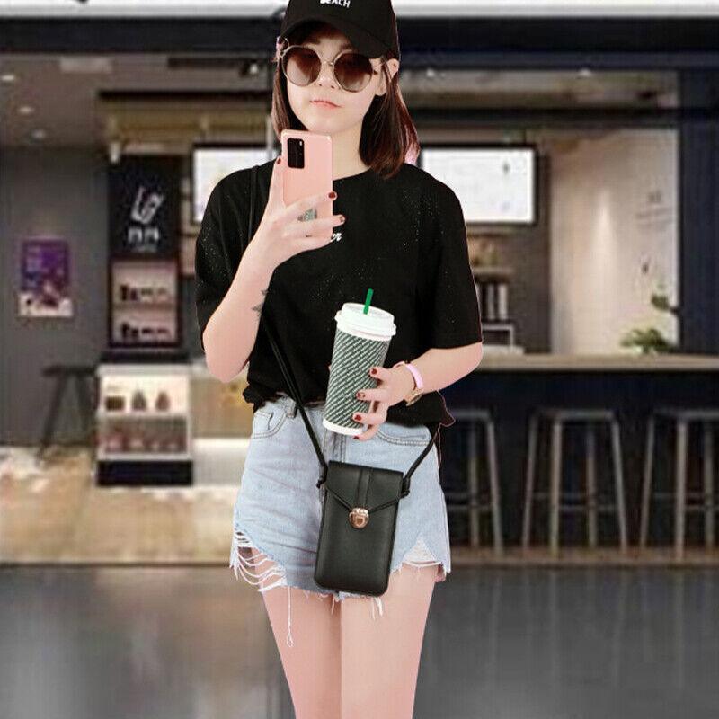 Touch Screen Crossbody Phone Bag with Clear Window PU Leather Wallet Purse - Black
