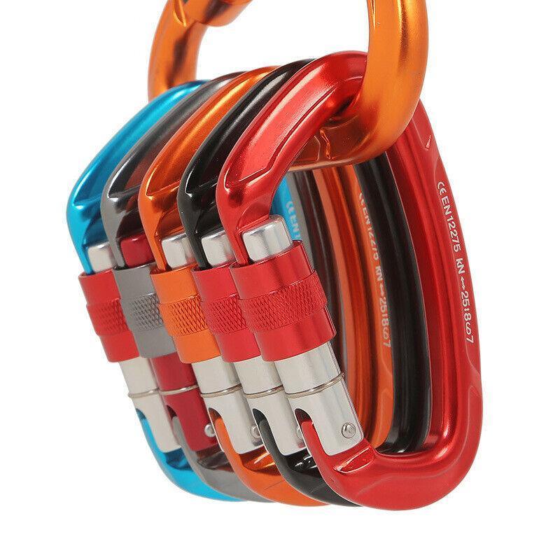 25KN Screwgate Locking Rock Climbing Carabiner Clip Aluminum D Ring Hook Buckle - Black