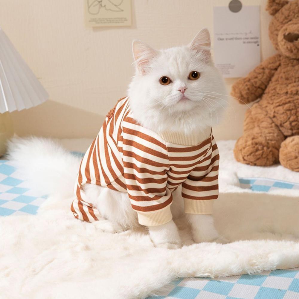 Cute Bear Striped Dog Home Clothes Cat Pet Outfit Cozy Animal Pajamas for Pets - Brown - XL