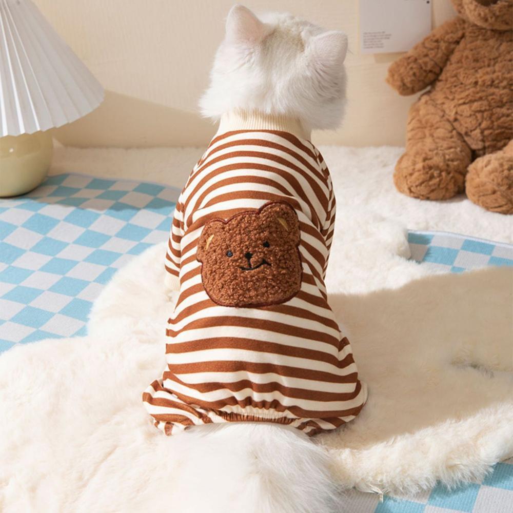 Cute Bear Striped Dog Home Clothes Cat Pet Outfit Cozy Animal Pajamas for Pets - Navy blue - M