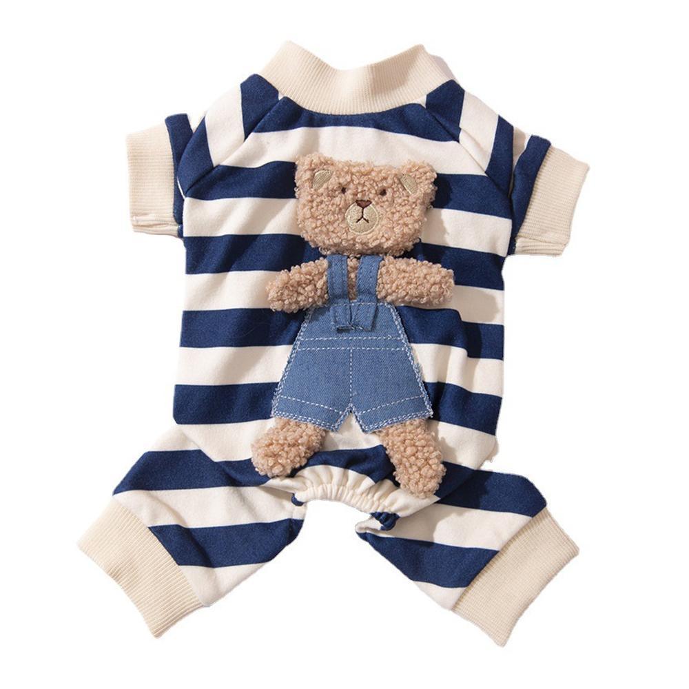 Cute Bear Striped Dog Home Clothes Cat Pet Outfit Cozy Animal Pajamas for Pets - Navy blue - M