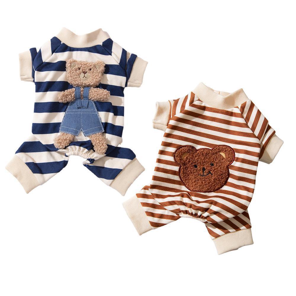 Cute Bear Striped Dog Home Clothes Cat Pet Outfit Cozy Animal Pajamas for Pets - Navy blue - S