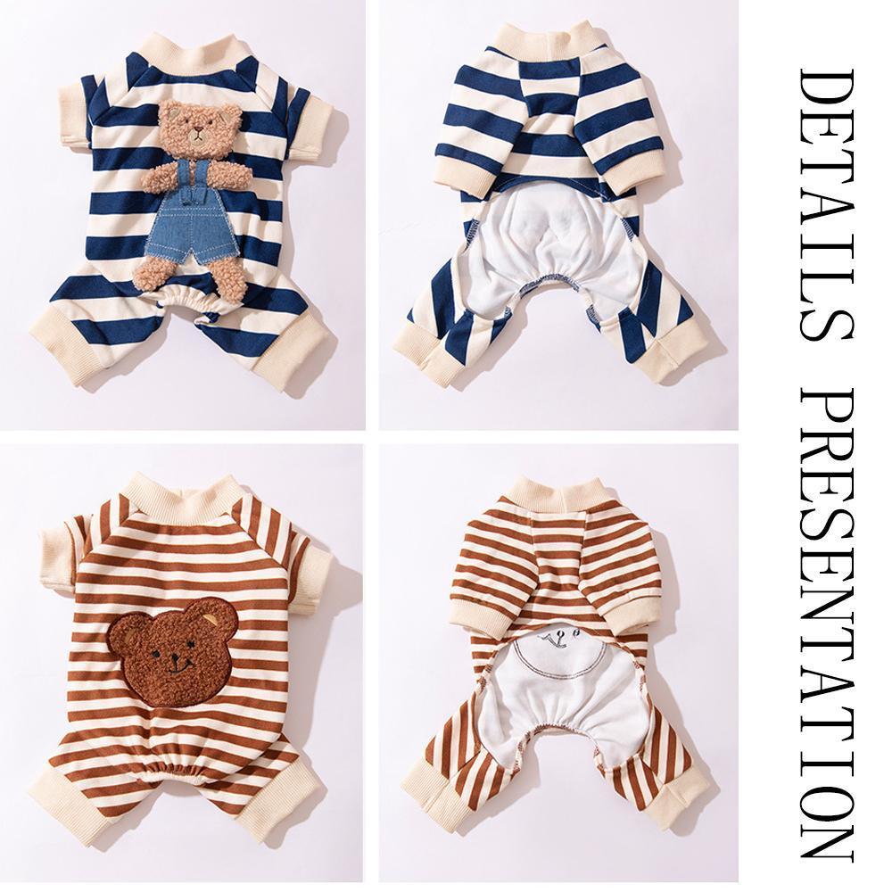 Cute Bear Striped Dog Home Clothes Cat Pet Outfit Cozy Animal Pajamas for Pets - Navy blue - S