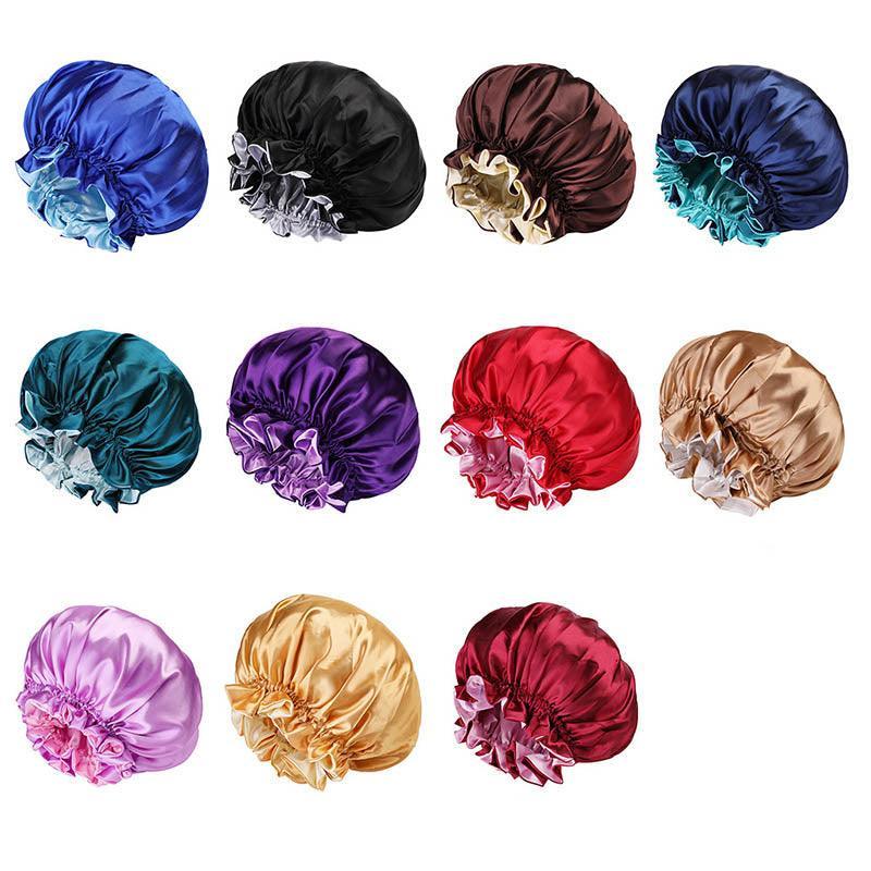 Womens Satin Sleep Cap Bonnet Elastic Wide Band Hair Sleeping Hat - Red