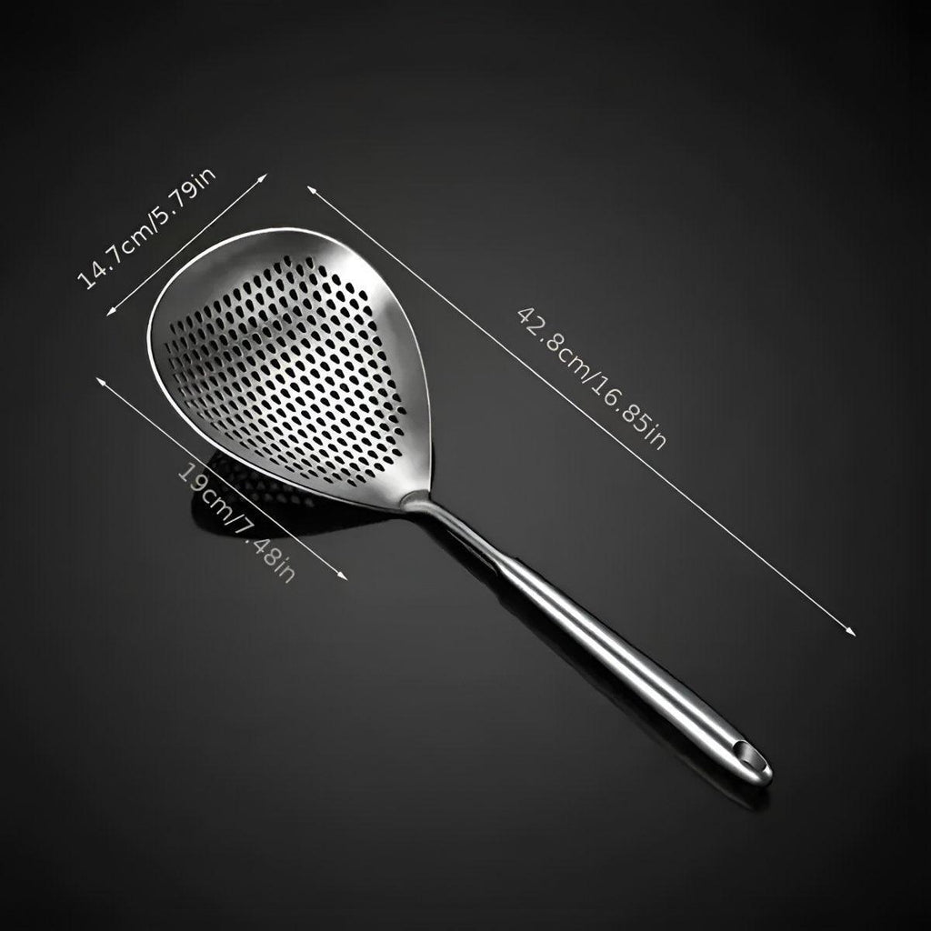 304 Stainless Steel Kitchen Colander Long Handle Noodle Dumpling Strainer Spoon - Yellow wood