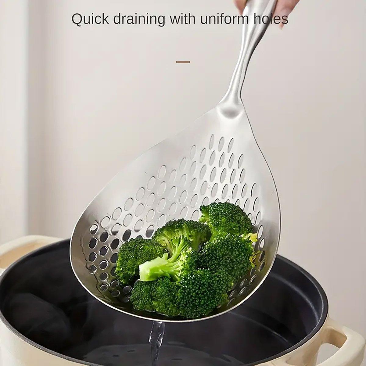 304 Stainless Steel Kitchen Colander Long Handle Noodle Dumpling Strainer Spoon - Yellow wood