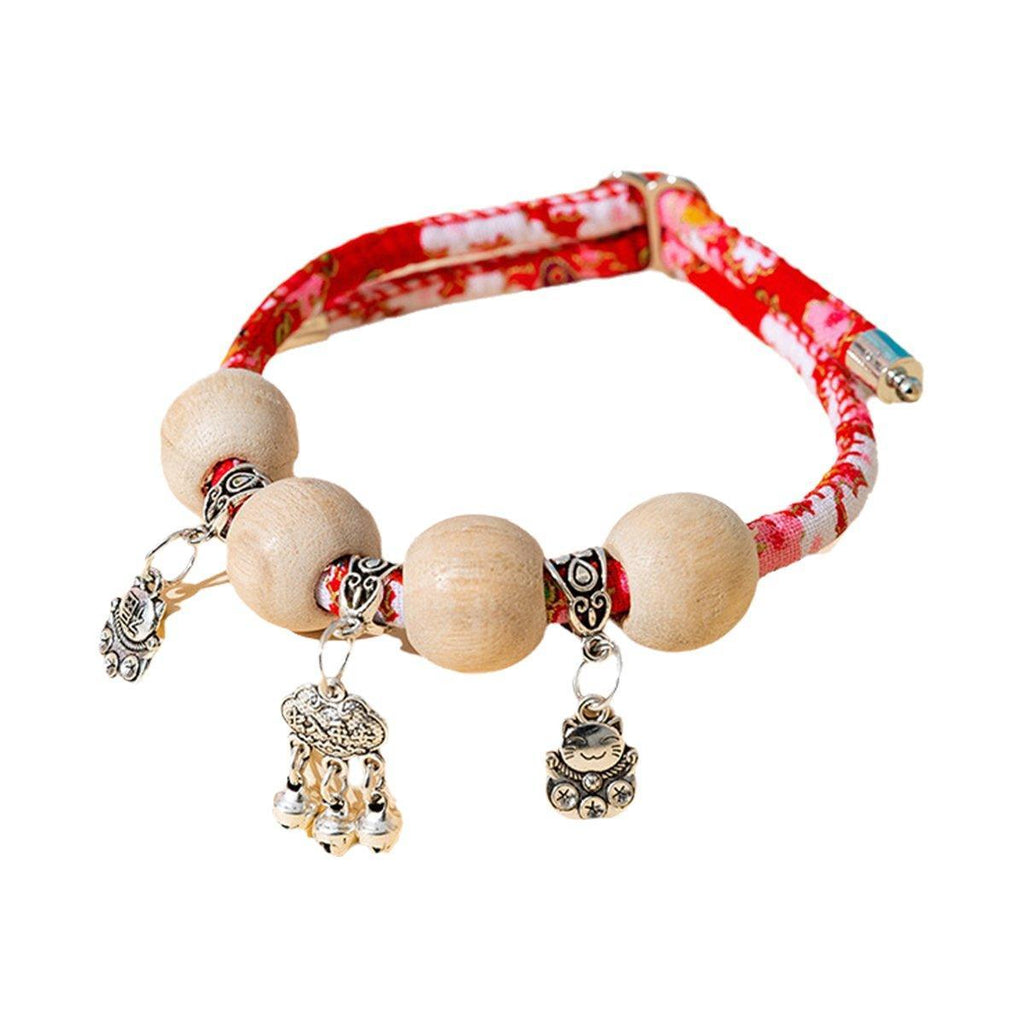 Camphor Wood Bead Collar with Bell Necklace for Cats and Dogs Pet Accessories - Pink-Longevity Lock