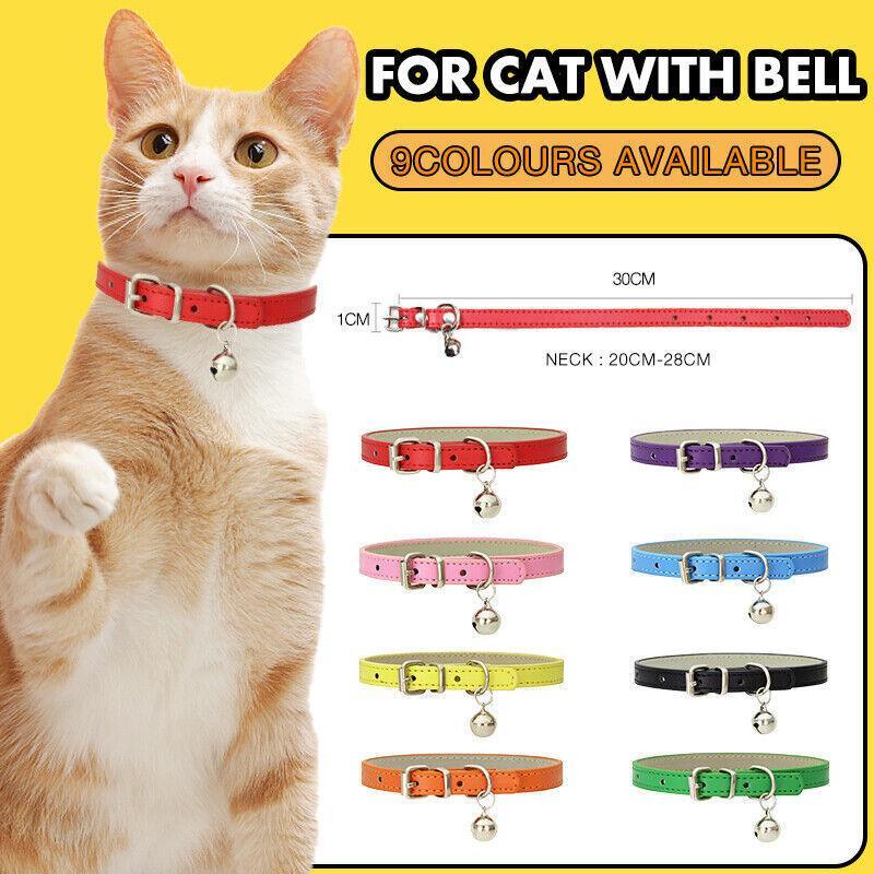 Adjustable PU Leather Cat Collar with Bell Breakaway Buckle 9 Colours - Pink