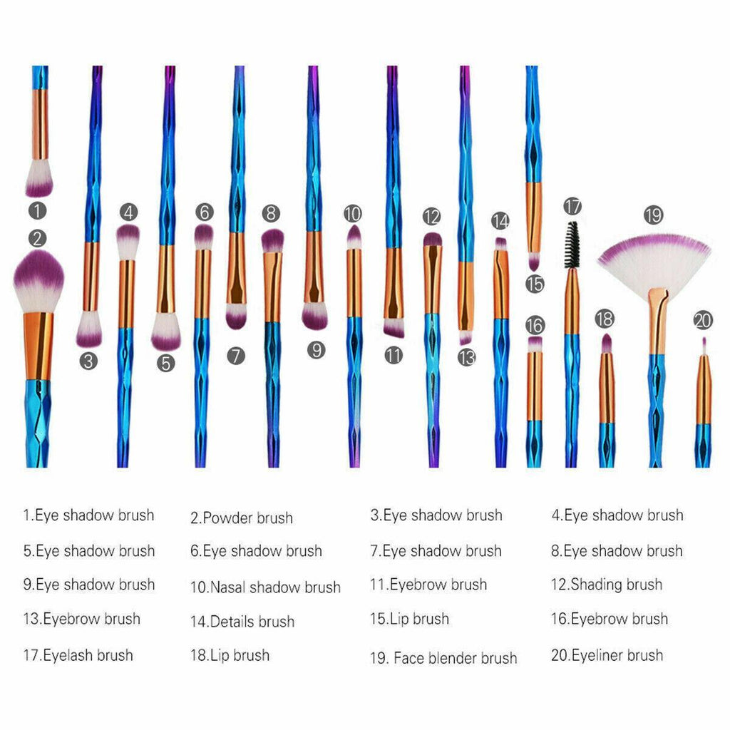 20 Pcs Eye Make-Up Brushes Diamond Unicorn Eyeshadow Eyebrow Blending Brush Set - Blue and Pink