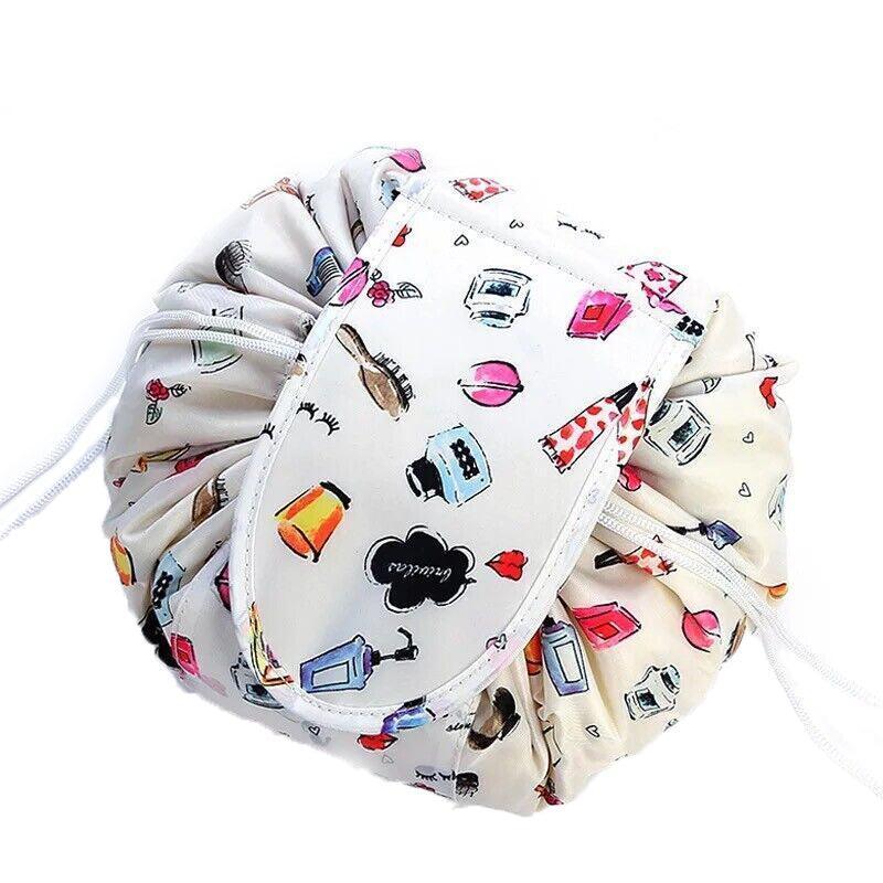 Portable Travel Makeup Bag Drawstring Cosmetic Pouch Lazy Storage Organiser Case - Blue White Feather