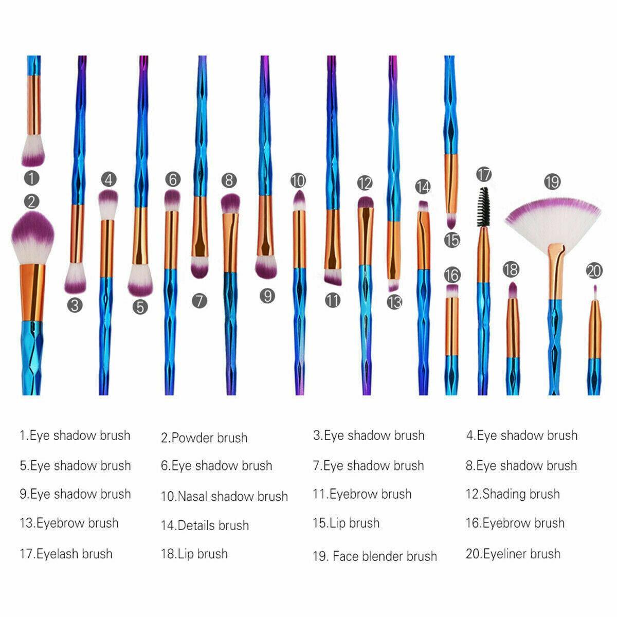 20 Pcs Eye Make-Up Brushes Diamond Unicorn Eyeshadow Eyebrow Blending Brush Set - Gold