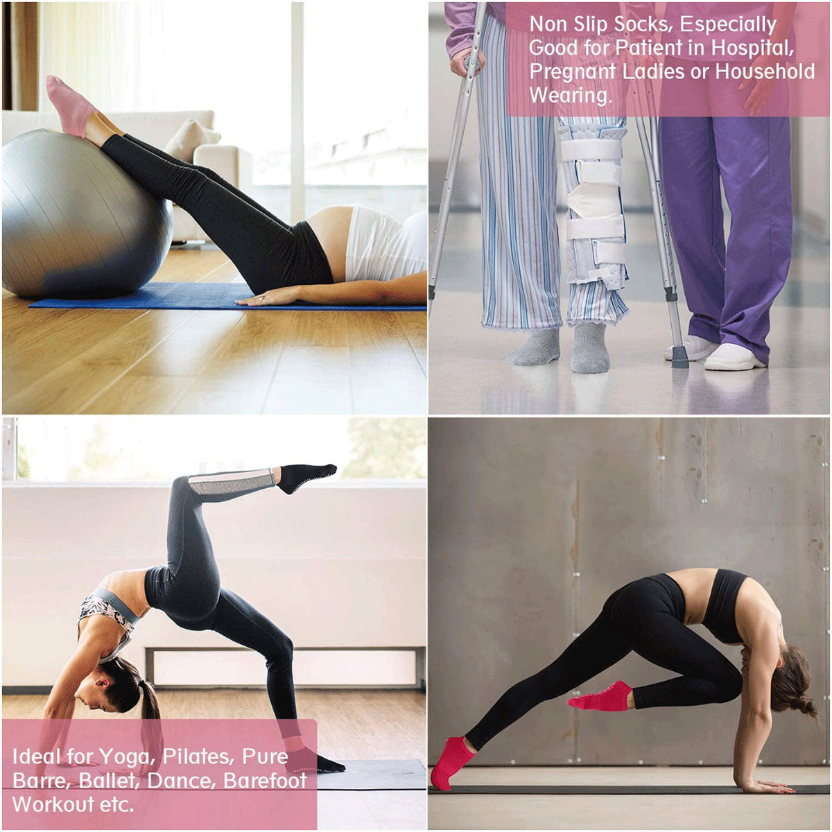 3 Pairs Ladies Women Sports Cotton Rich Pilates Yoga Non-Slip Grip Socks - Grey