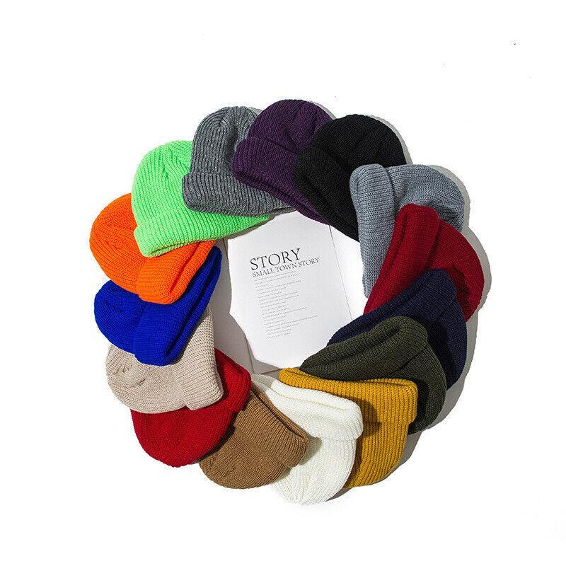 Men Women Mini Fisherman Beanie Winter Spring Hat Soft Knitted Docker Skull Cap - Rose Red