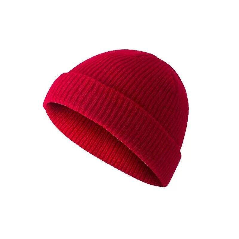 Men Women Mini Fisherman Beanie Winter Spring Hat Soft Knitted Docker Skull Cap - Rose Red