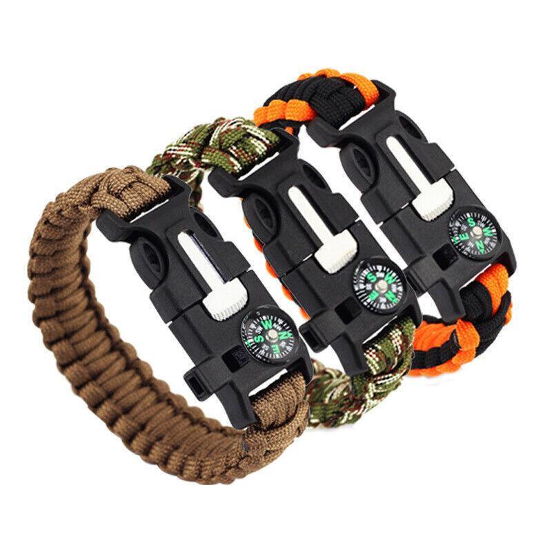 Flint Fire Starter 5In1 Survival Paracord Bracelet Whistle Compass Gear Tool Kit - Brown