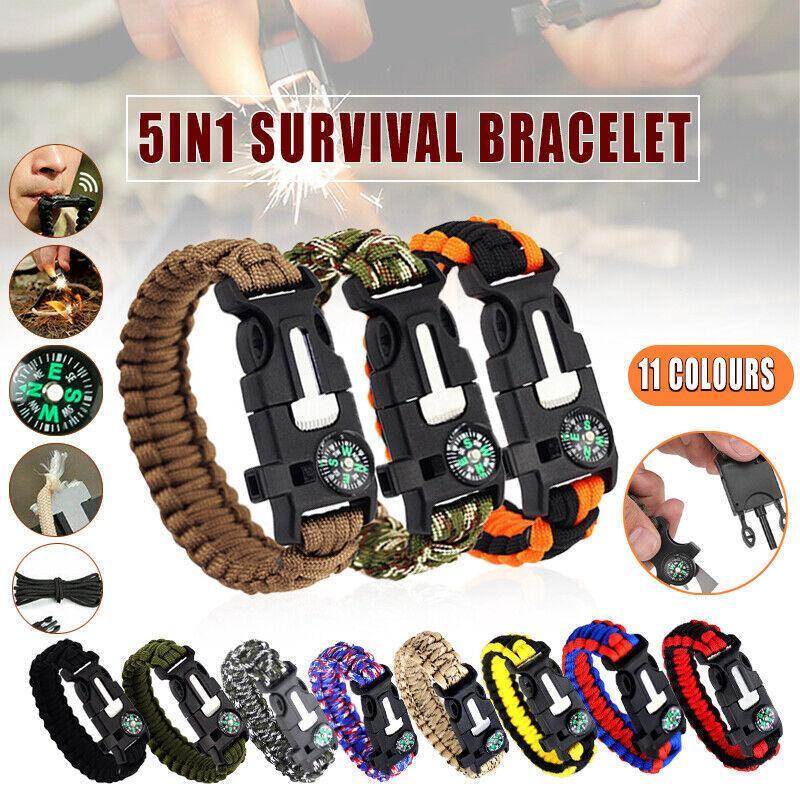 Flint Fire Starter 5In1 Survival Paracord Bracelet Whistle Compass Gear Tool Kit - Yellow