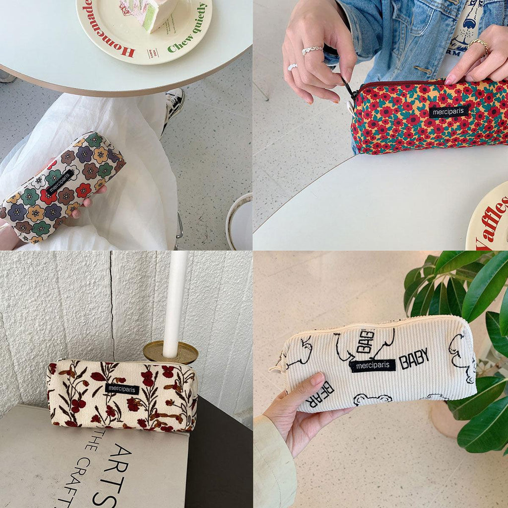 Large Capacity Pencil Case Organiser Bag Stationery Holder School Travel Pouch - Cartoon Flowers