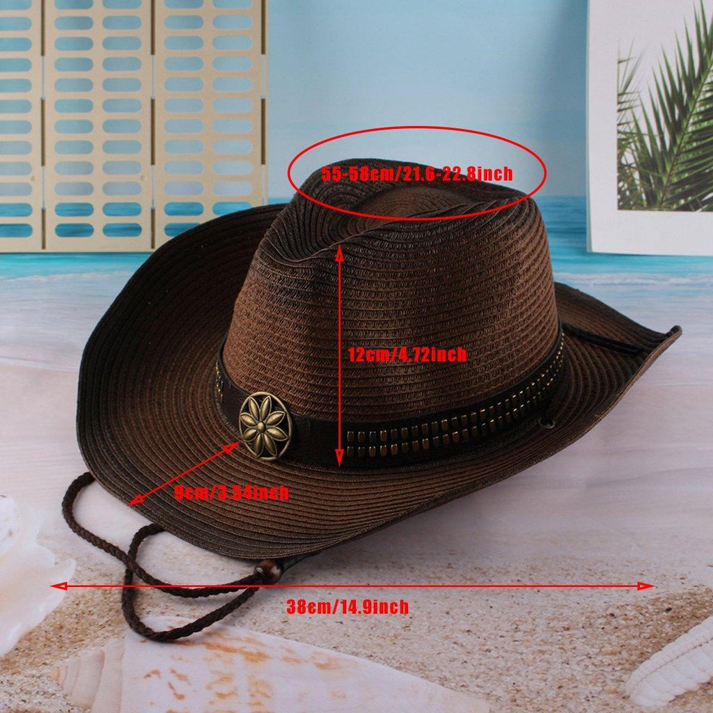 Outdoor Western Cowboy Hat Unisex Straw Hat Visor Hats Big Wide Brim Hat Summer - Khaki