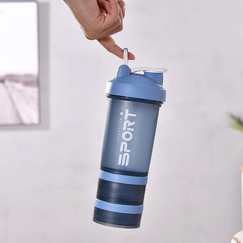 Powder Milkshake Drink Cup Sport Water Bottle 500Ml 3 Tier Protein Shaker Pill - Blue