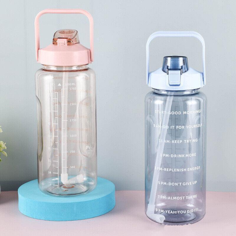 2L Water Bottle Straw Cup Motivational Drink Flask With Time Markings Sports Gym - Green