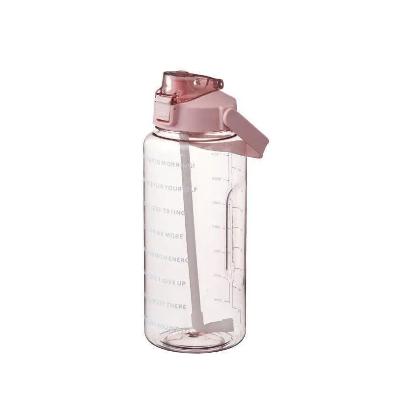 2L Water Bottle Straw Cup Motivational Drink Flask With Time Markings Sports Gym - Green